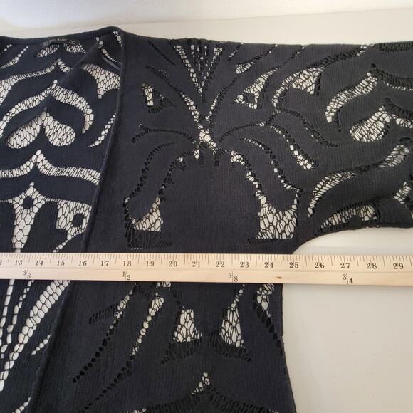 Zara Basic Black Lace Kimono Top Open Front Fringe Hem 3/4 Sleeve Top Size Small - Picture 4 of 7